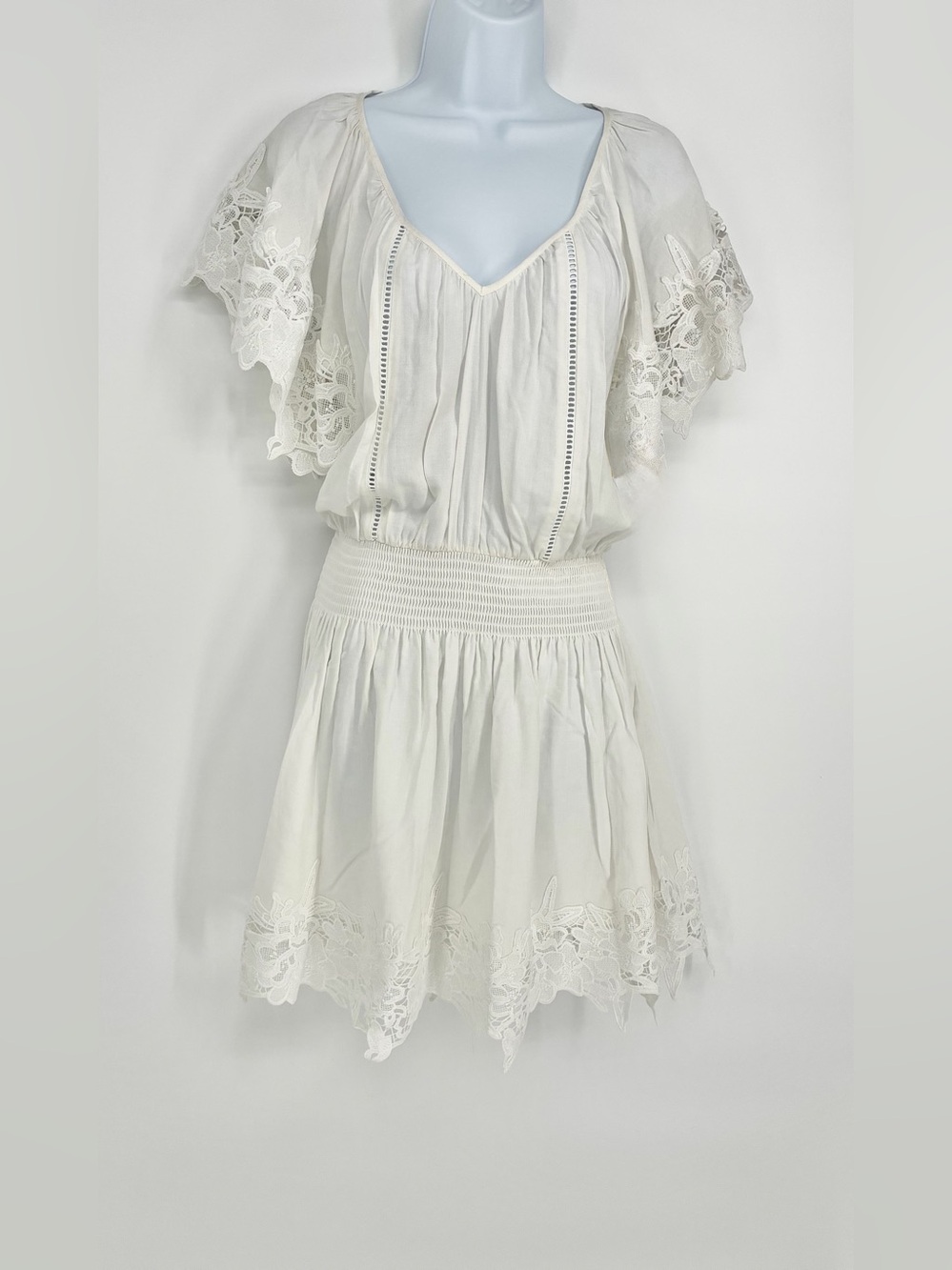 Ramy Brook Jacy White Linen Blend Smocked Waist Embroidered Lace Mini Dress S